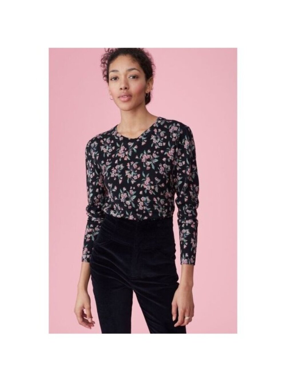 Rebecca Taylor Tilda Floral Black Pink Sweater Lightweight Merino Wool